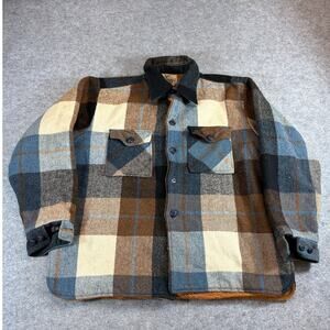 VTG 70s MR Leggs Wool Plaid Flannel Shirt Jacket Men Large Check Shacket Outdoor